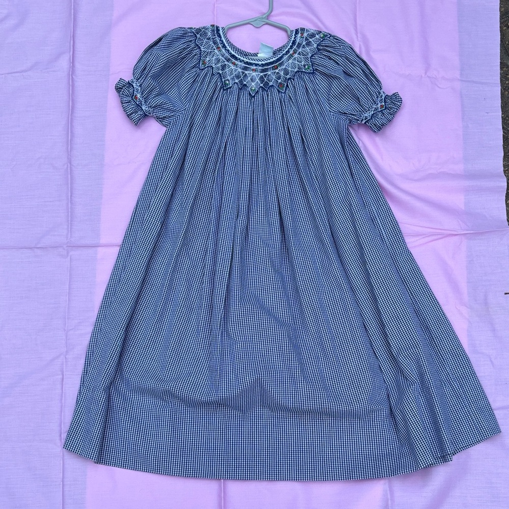 SweetAngel by Rossana Navy Gingham Smocked Dress with Embroidery